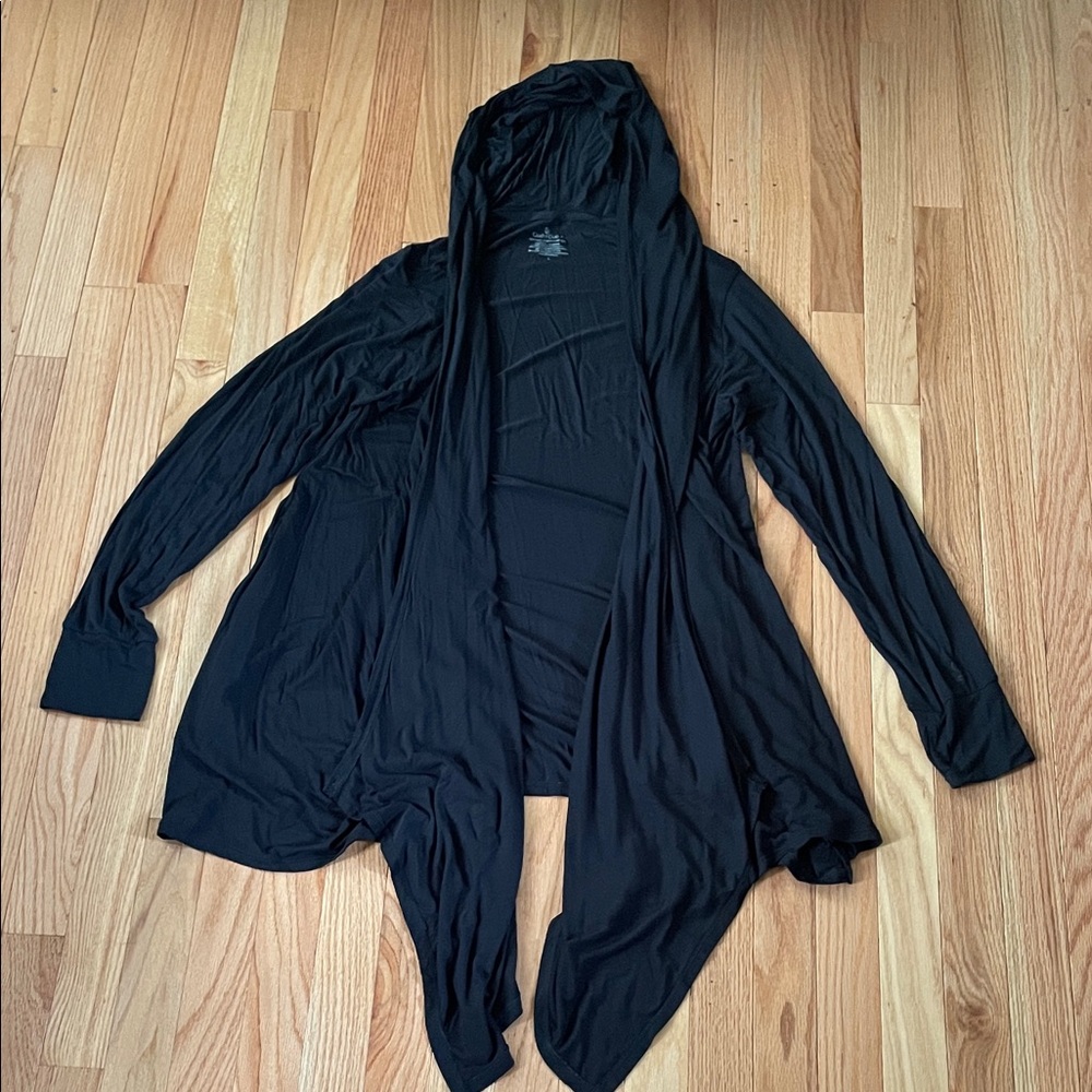 Cuddl Duds Drape Cardigan Womens Large Black Hooded Long Sleeve Stretchy Lounge